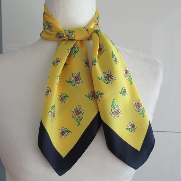 Vintage Italian Soft Silk Square Scarf Floral Yellow, Navy 22" x 22" *Flaw - Picture 2 of 10